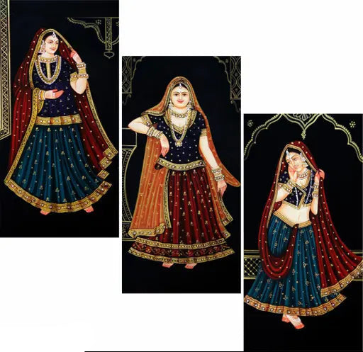 WALLMAX Set of 3 Rajasthani Woomen Painting UV Textured Wall Painting 12 Inch x 18 Inch Painting