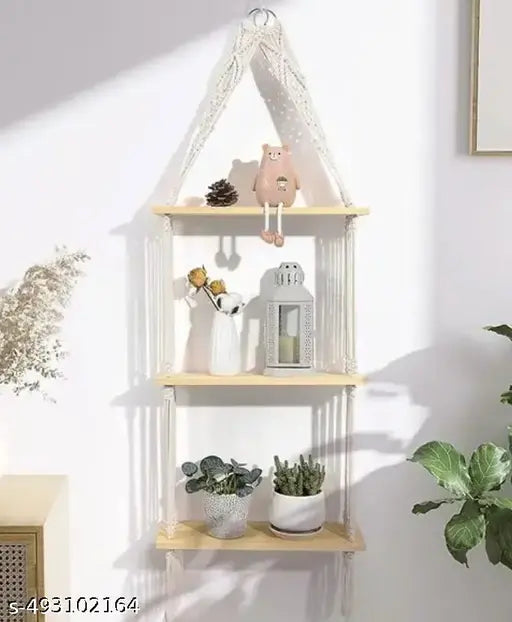 Unique Design Boho Handmade Macrame Decorative Wooden Wall Mounted Hanging Home Decors Storage Floating Shelf for Books and Planters Livingroom, Bedroom - Off-White