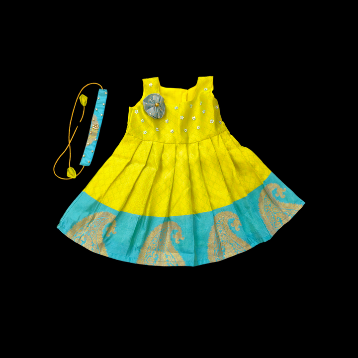 Sleeveless baby girl gown | Yellow and light Sea Green | Baby girl clothes for 6-12 months