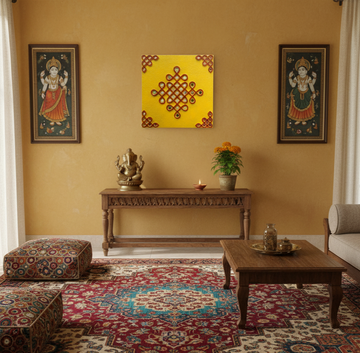 Living room with traditional decor, including a wooden console table with a statue, framed artwork, and a patterned rug.