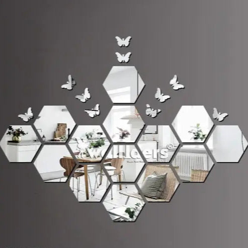 Wall Sticker's Hexagon 14 Silver (12 cm x 10 cm Each Piece ), Mirror Stickers for Wall, Acrylic Mirror Wall Decor Sticker, Wall Mirror Stickers, Acrylic Stickers, Wall Stickers for Hall Room, Bed Room, Kitchen