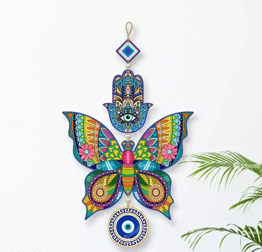Memento New Trending Wooden Butterfly Evil Eye Hanging for House/Positive Vibes/Hamsa Hand/House Door Entrance/Offices/Decoration/Peace Charm