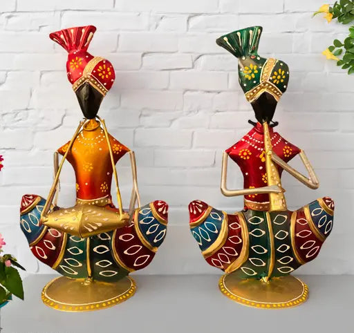 Iron Handpainted Rajasthani Musician Showpiece Set for Home Decor – 9 Inch (Set of 2)