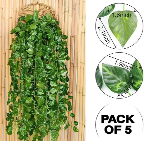 (7 Feet) (Set of 5 String) 30 Leave in one String Artificial Garlands Money Plant Hanging Leaves Greenery Vine Creeper Plants for Home Decor Main Door Wall, Balcony, Office, Decoration Party & Festival Craft